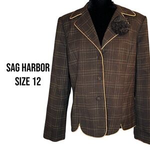 SagHarbor Women’s Brown Blazer Blue Green Stitching Orange Trim Flower Pin S 12